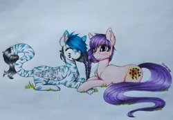 Size: 1023x708 | Tagged: safe, artist:dexterisse, derpibooru import, oc, unofficial characters only, cat, cat pony, original species, pony, braid, duo, friends, image, intertwined manes, jpeg, simple background, stripes, white background