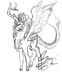 Size: 800x919 | Tagged: safe, artist:senpai-satan, derpibooru import, oc, oc:spring glow, unofficial characters only, kirin, pony, winged kirin, female, image, kirin oc, mare, png, signature, simple background, sketch, solo, white background, wings