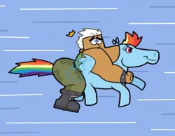 Size: 1134x878 | Tagged: safe, artist:cookie-lovey, derpibooru import, rainbow dash, fairy, pegasus, pony, 2012, arms around neck, biceps, blue background, crossover, distressed, duo, duo male and female, female, flying, image, jorgen von strangle, jpeg, male, mare, riding, riding a pony, simple background, smiling, speed, speed lines, style emulation, the fairly oddparents, wind, windswept mane