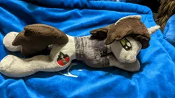 Size: 3840x2160 | Tagged: safe, artist:valmiiki, derpibooru import, photographer:lightningbolt, oc, ponified, ponified:kellin quinn, pony, unicorn, clothes, commission, horn, image, irl, jpeg, lying down, male, photo, plushie, prone, shirt, sleeping with sirens, smiling, solo, stallion, t-shirt