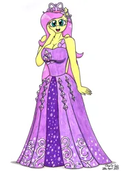Size: 2467x3493 | Tagged: safe, artist:killerteddybear94, derpibooru import, fluttershy, anthro, clothes, crown, cute, dress, fluttershy day, hand on face, image, jewelry, jpeg, looking at you, princess fluttershy, regalia, shyabetes, traditional art, weapons-grade cute