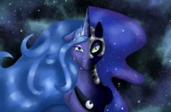 Size: 1280x838 | Tagged: safe, artist:nutmeg04, derpibooru import, nightmare moon, princess luna, alicorn, pony, bust, ethereal mane, female, image, jpeg, mare, portrait, sad, solo, starry background, starry mane, wavy mane