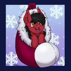 Size: 3072x3072 | Tagged: safe, alternate version, artist:zackwhitefang, derpibooru import, ponified, bat pony, pony, christmas, christmas stocking, clothes, commission, ear fluff, fall out boy, fangs, happy, holiday, hoodie, image, male, open mouth, pete wentz, png, slit pupils, snow, snowflake, solo, stallion, ych result