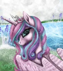 Size: 590x666 | Tagged: safe, artist:nutmeg04, derpibooru import, princess flurry heart, alicorn, pony, crown, crystal, female, image, jewelry, looking at you, looking back, looking back at you, mare, multicolored hair, png, regalia, solo, water, wings