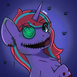 Size: 500x500 | Tagged: semi-grimdark, artist:backgroundpony#f352, derpibooru import, oc, unofficial characters only, fly, insect, pony, unicorn, blood, button eye, eyes open, female, halloween, halloween 2021, holiday, horn, image, mare, needle, png, signature, solo, stitches, wide smile
