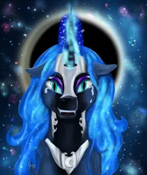 Size: 3970x4706 | Tagged: safe, artist:nutmeg04, derpibooru import, nightmare moon, alicorn, pony, armor, crying, ethereal mane, image, jewelry, moon, png, regalia, solo, starry background, starry mane