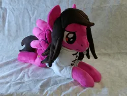 Size: 4096x3072 | Tagged: safe, artist:bluedragonflyplush, derpibooru import, ponified, pegasus, pony, clothes, commission, image, irl, jpeg, lip piercing, lying down, male, mike fuentes, photo, pierce the veil, piercing, plushie, prone, shirt, spread wings, stallion, t-shirt, wings