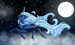 Size: 1280x768 | Tagged: safe, artist:nutmeg04, derpibooru import, princess luna, alicorn, pony, ethereal mane, female, full moon, glow, glowing horn, horn, image, jpeg, looking back, mare, moon, side view, solo, starry background, starry mane, starry tail, tail