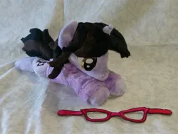 Size: 4096x3072 | Tagged: safe, artist:bluedragonflyplush, derpibooru import, ponified, pony, unicorn, beanie (plushie), brendon urie, clothes, commission, glasses, hoodie, horn, image, irl, jpeg, lying down, male, panic! at the disco, photo, plushie, prone, shirt, solo, stallion, t-shirt