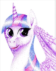 Size: 488x622 | Tagged: safe, artist:nutmeg04, derpibooru import, twilight sparkle, twilight sparkle (alicorn), alicorn, pony, female, image, looking at you, mare, png, simple background, smiling, solo, stippling