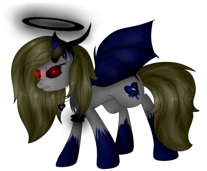 Size: 1115x923 | Tagged: safe, artist:angellightyt, derpibooru import, oc, unofficial characters only, demon, demon pony, original species, pony, black sclera, coat markings, female, halo, image, mare, nightmarified, png, simple background, socks (coat marking), solo, transparent background