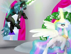 Size: 1024x768 | Tagged: safe, artist:nutmeg04, derpibooru import, princess celestia, queen chrysalis, alicorn, changeling, pony, canterlot, duo, facing each other, female, glow, glowing horn, horn, image, jpeg, mare, royal wedding, stare