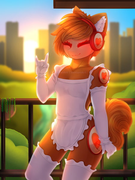 Size: 1875x2500 | Tagged: safe, artist:taiweiart, derpibooru import, ponified, anthro, cyborg, pony, apron, clothes, ear fluff, evening gloves, gloves, headphones, image, long gloves, naked apron, outdoors, partial nudity, peace sign, png, protogen, smiling, solo