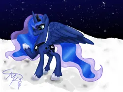 Size: 800x600 | Tagged: safe, artist:nutmeg04, derpibooru import, princess luna, alicorn, pony, ethereal mane, female, image, mare, on the moon, png, raised hoof, solo, spread wings, starry background, starry mane, starry tail, tail, wings