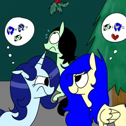 Size: 1024x1024 | Tagged: safe, artist:chandelurres, derpibooru import, oc, oc:moonbrush, oc:winter shadow, pony, female, holly, image, jpeg, loki, mare, marvel, thought bubble, trio