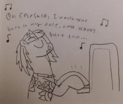 Size: 2350x1986 | Tagged: suggestive, artist:supahdonarudo, derpibooru import, oc, oc:ironyoshi, unofficial characters only, pony, unicorn, clothes, derpibooru exclusive, image, implied facesitting, jpeg, monochrome, musical instrument, piano, playing instrument, shirt, simple background, singing, sketch, solo