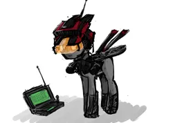 Size: 1377x980 | Tagged: artist needed, safe, derpibooru import, oc, unnamed oc, unofficial characters only, original species, plane pony, pony, computer, drone, gun, helmet, image, looking at you, machine gun, minigun, plane, png, simple background, solo, standing, visor, vulcan, weapon, white background