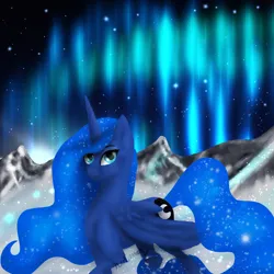 Size: 2048x2048 | Tagged: safe, artist:nutmeg04, derpibooru import, princess luna, alicorn, pony, aurora borealis, ethereal mane, female, image, looking at you, mare, mountain, mountain range, png, side view, solo, starry mane, starry sky, starry tail, tail, winter
