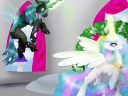 Size: 1600x1200 | Tagged: safe, artist:nutmeg04, derpibooru import, princess celestia, queen chrysalis, alicorn, changeling, pony, canterlot, duo, facing each other, female, glow, glowing horn, horn, image, mare, png, royal wedding, stare