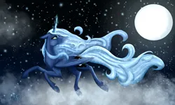 Size: 4812x2887 | Tagged: safe, artist:nutmeg04, derpibooru import, princess luna, alicorn, pony, ethereal mane, female, full moon, glow, glowing horn, horn, image, looking back, mare, moon, png, side view, solo, starry background, starry mane, starry tail, tail