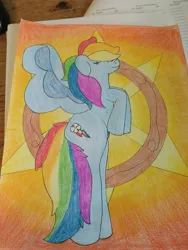 Size: 3456x4608 | Tagged: safe, artist:acid flask, derpibooru import, rainbow dash, pegasus, pony, 2d, bipedal, colored, colored pencil drawing, colored pencils, cute, drawing, eyes closed, female, happy, image, jpeg, long tail, mare, smiling, solo, spread wings, standing, standing on two hooves, tail, traditional art, wings