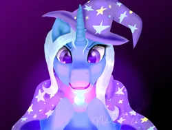 Size: 2975x2247 | Tagged: safe, artist:nutmeg04, derpibooru import, trixie, pony, unicorn, artifact, cape, clothes, female, hat, holding, image, magic, mare, png, simple background, solo, stare, trixie's cape, trixie's hat