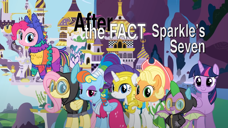 Size: 1280x720 | Tagged: safe, artist:mlp-silver-quill, derpibooru import, applejack, fluttershy, pinkie pie, rainbow dash, rarity, spike, twilight sparkle, after the fact, after the fact:sparkle's seven, alternate hairstyle, applejack also dresses in style, canterlot, clothes, costume, dangerous mission outfit, goggles, hoodie, image, mane seven, mane six, megaradash, piñata costume, png, rainbow dash always dresses in style, rainbow dash is not amused, royal guard rarity, title card, unamused