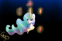 Size: 1200x800 | Tagged: safe, artist:nutmeg04, derpibooru import, princess celestia, alicorn, pony, bust, element of generosity, element of honesty, element of kindness, element of laughter, element of loyalty, element of magic, elements of harmony, female, frown, glow, glowing horn, horn, image, jewelry, mare, png, regalia, sad, simple background, solo