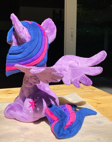 Size: 1606x2048 | Tagged: safe, artist:rtryart, derpibooru import, twilight sparkle, twilight sparkle (alicorn), alicorn, pony, female, horn, image, irl, jpeg, mare, photo, plushie, sitting, smiling, solo, spread wings, wings