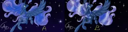 Size: 1024x263 | Tagged: safe, artist:nutmeg04, derpibooru import, princess luna, alicorn, pony, comparison, ethereal mane, ethereal tail, female, image, jpeg, mare, solo, spread wings, starry background, tail, wings