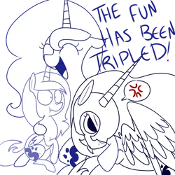 Size: 1024x1024 | Tagged: safe, artist:chandelurres, derpibooru import, nightmare moon, princess luna, alicorn, pony, cross-popping veins, emanata, female, filly, hug, image, mare, monochrome, pictogram, png, self paradox, self ponidox, simple background, trio, white background, woona, younger