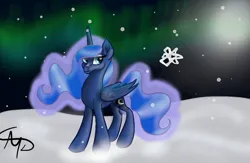 Size: 1024x667 | Tagged: safe, artist:nutmeg04, derpibooru import, princess luna, alicorn, pony, aurora borealis, ethereal mane, ethereal tail, female, image, jpeg, looking at you, mare, snow, solo, starry background, tail