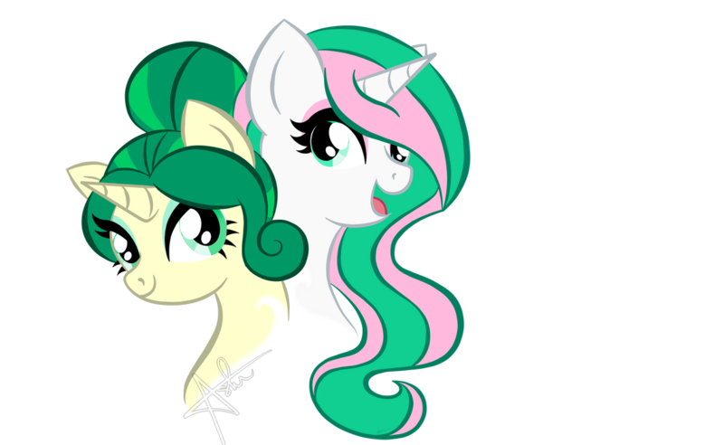 Size: 1140x701 | Tagged: safe, artist:gummysharkcircus, derpibooru import, oc, oc:felicity, oc:mareiena mossrock, unofficial characters only, pony, bust, duo, image, png, simple background