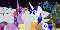 Size: 1024x524 | Tagged: safe, artist:nutmeg04, derpibooru import, derpy hooves, twilight sparkle, oc, alicorn, pegasus, pony, unicorn, christmas, christmas lights, christmas tree, clothes, duo focus, earmuffs, hat, holiday, image, jpeg, male, santa hat, scarf, snow, snowfall, stallion, tree, trio, unicorn twilight