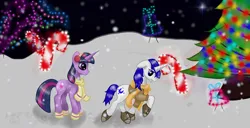 Size: 1024x524 | Tagged: safe, artist:nutmeg04, derpibooru import, twilight sparkle, oc, pony, unicorn, candy, candy cane, christmas, christmas lights, christmas tree, clothes, coat, concentrating, earmuffs, female, food, holiday, image, jpeg, male, mare, raised hoof, scarf, side view, snow, snowfall, stallion, tree