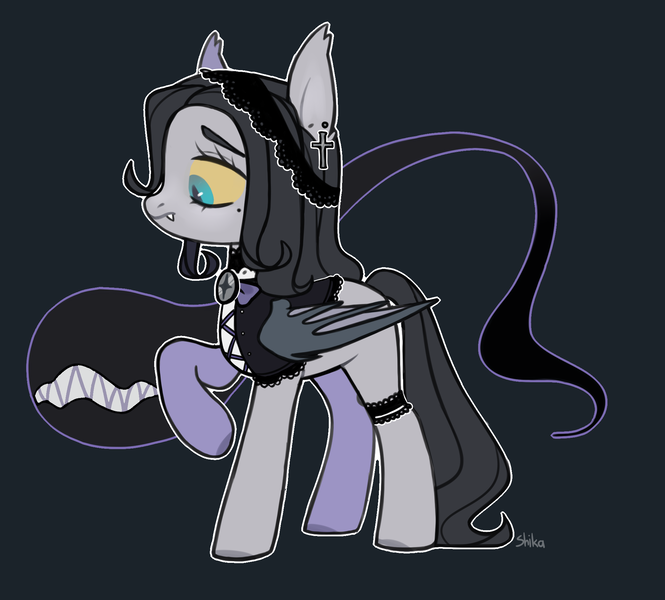 Size: 2057x1857 | Tagged: safe, artist:shika, derpibooru import, oc, unofficial characters only, bat pony, pony, bat wings, clothes, colored sclera, cross, dark gray background, ear fluff, ear piercing, earring, fangs, female, folded wings, frown, goth, image, jewelry, mare, piercing, png, raised hoof, simple background, solo, wings