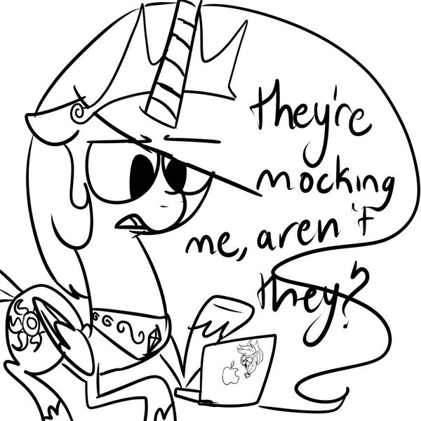 Size: 1024x1024 | Tagged: safe, artist:chandelurres, derpibooru import, applejack, princess celestia, alicorn, earth pony, pony, apple (company), computer, dialogue, female, hat, horn, image, jpeg, mare, simple background, wings