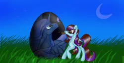 Size: 1366x698 | Tagged: safe, artist:nutmeg04, derpibooru import, princess luna, oc, oc:nutmeg, earth pony, pony, earth pony oc, easter, easter egg, grass, grass field, holiday, image, multicolored hair, painting, png, simple background, solo