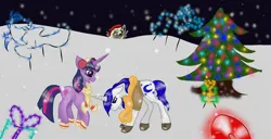 Size: 2000x1022 | Tagged: safe, artist:nutmeg04, derpibooru import, derpy hooves, twilight sparkle, oc, pegasus, pony, unicorn, christmas, christmas lights, christmas tree, clothes, earmuffs, exhausted, female, hat, holiday, image, male, mare, png, santa hat, scarf, snow, snowfall, stallion, tree