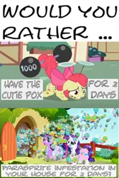 Size: 740x1104 | Tagged: safe, derpibooru import, screencap, apple bloom, rarity, twilight sparkle, earth pony, parasprite, pony, unicorn, swarm of the century, the cutie pox, bag, cutie pox, female, fence, filly, fluttershy's cottage, foal, image, plate spinning, png, prehensile tail, saddle bag, tail, tail hold, unicorn twilight, weight lifting, weights, would you rather