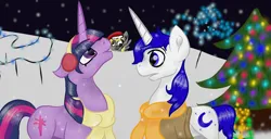 Size: 2000x1022 | Tagged: safe, artist:nutmeg04, derpibooru import, derpy hooves, twilight sparkle, oc, alicorn, pegasus, pony, unicorn, christmas, christmas lights, christmas tree, clothes, duo focus, earmuffs, hat, holiday, image, male, png, santa hat, scarf, snow, snowfall, stallion, tree, trio, unicorn twilight