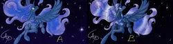 Size: 5935x1521 | Tagged: safe, artist:nutmeg04, derpibooru import, princess luna, alicorn, pony, comparison, ethereal mane, ethereal tail, female, image, mare, png, solo, spread wings, starry background, tail, wings