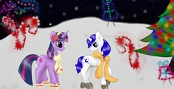 Size: 3050x1558 | Tagged: safe, artist:nutmeg04, derpibooru import, twilight sparkle, oc, pony, unicorn, candy, candy cane, christmas, christmas lights, christmas tree, clothes, earmuffs, female, food, holiday, image, looking back, male, mare, png, scarf, side view, snow, stallion, tree