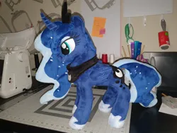 Size: 2048x1536 | Tagged: safe, artist:kiashone, derpibooru import, princess luna, alicorn, pony, female, folded wings, hoof shoes, horn, image, irl, jewelry, jpeg, mare, peytral, photo, plushie, smiling, solo, standing, tiara, wings