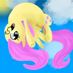 Size: 1024x1024 | Tagged: safe, artist:chandelurres, derpibooru import, fluttershy, pegasus, pony, cloud, female, flying, image, jpeg, mare, one eye closed, open mouth, solo, spread wings, wings