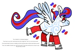 Size: 1316x900 | Tagged: safe, artist:msponies, derpibooru import, oc, unofficial characters only, pegasus, pony, body markings, chubby, clothes, coat markings, ice skating, image, lidded eyes, ms paint, oc creator, perchance, png, raised leg, simple background, socks, solo, spread wings, swirls, swirly markings, tail, text, white background, wings