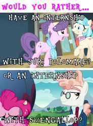 Size: 962x1304 | Tagged: safe, derpibooru import, screencap, coco pommel, pinkie pie, suri polomare, svengallop, pony, rarity takes manehattan, the mane attraction, clothes, female, glasses, image, male, mare, necktie, png, sadistic choice, scarf, stallion, would you rather, yelling