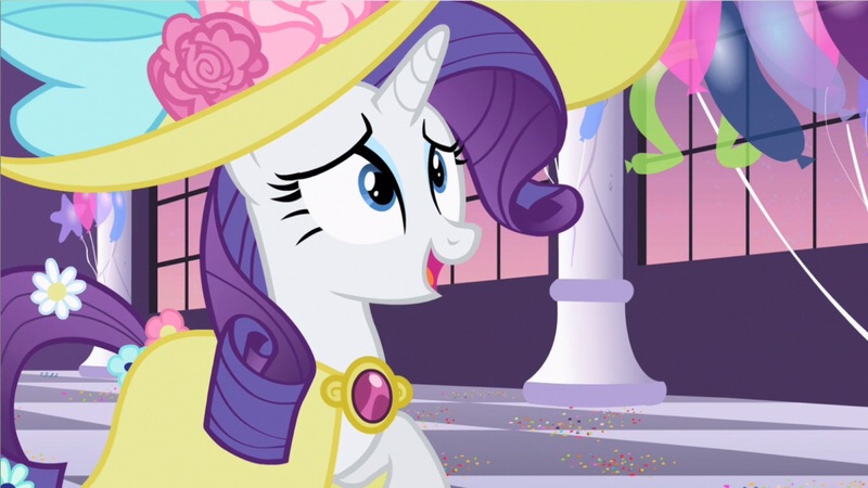 Size: 2560x1440 | Tagged: safe, derpibooru import, screencap, rarity, unicorn, sweet and elite, balloon, clothes, dress, female, flower, flower in tail, giant hat, hat, image, jpeg, open mouth, solo, tail