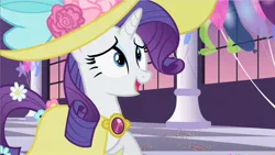Size: 2560x1440 | Tagged: safe, derpibooru import, screencap, rarity, unicorn, sweet and elite, balloon, clothes, dress, female, flower, flower in tail, giant hat, hat, image, jpeg, open mouth, solo, tail