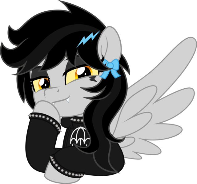 Size: 5333x5000 | Tagged: safe, artist:jhayarr23, derpibooru import, oc, oc:lightning dee, unofficial characters only, pegasus, pony, bow, bracelet, bust, choker, clothes, colored sclera, commission, dyed mane, eyeshadow, fangs, female, hoodie, image, looking at you, makeup, mare, png, simple background, smug, spiked choker, spiked wristband, spread wings, transparent background, wings, wristband, ych result